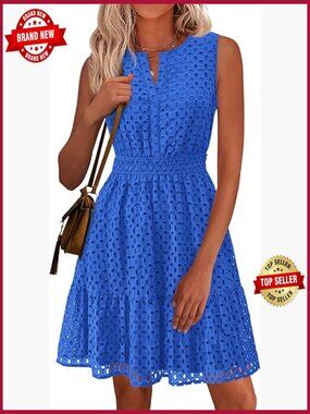 Sleeveless V Neck Eyelet Swing A Line Dress for Beach Vacation